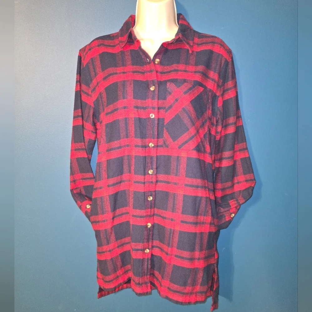 NWT! Forever 21 Navy & Red Plaid Button Down Shirt dress, Size Small, CABINCORE - Picture 10 of 11
